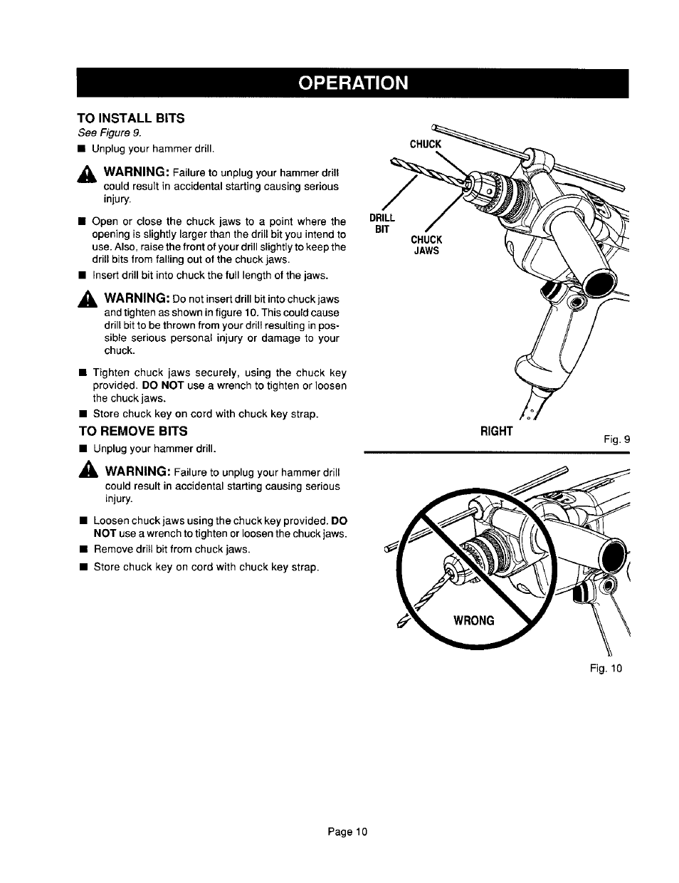 To install bits, To remove bits, Operation | Craftsman 315.101360 User Manual | Page 10 / 15