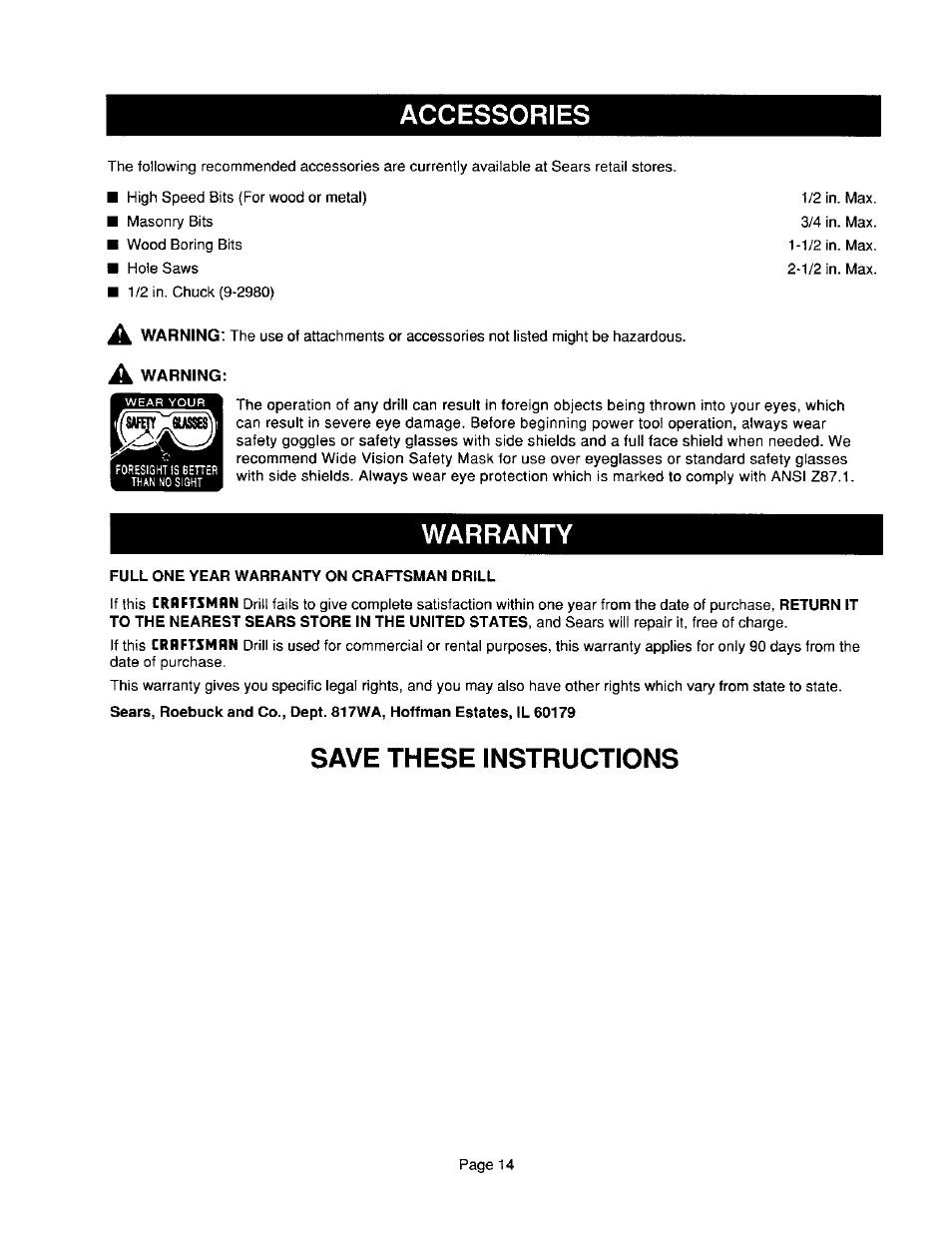 Accessories, Warranty, Save these instructions | Craftsman 315.101360 User Manual | Page 14 / 15