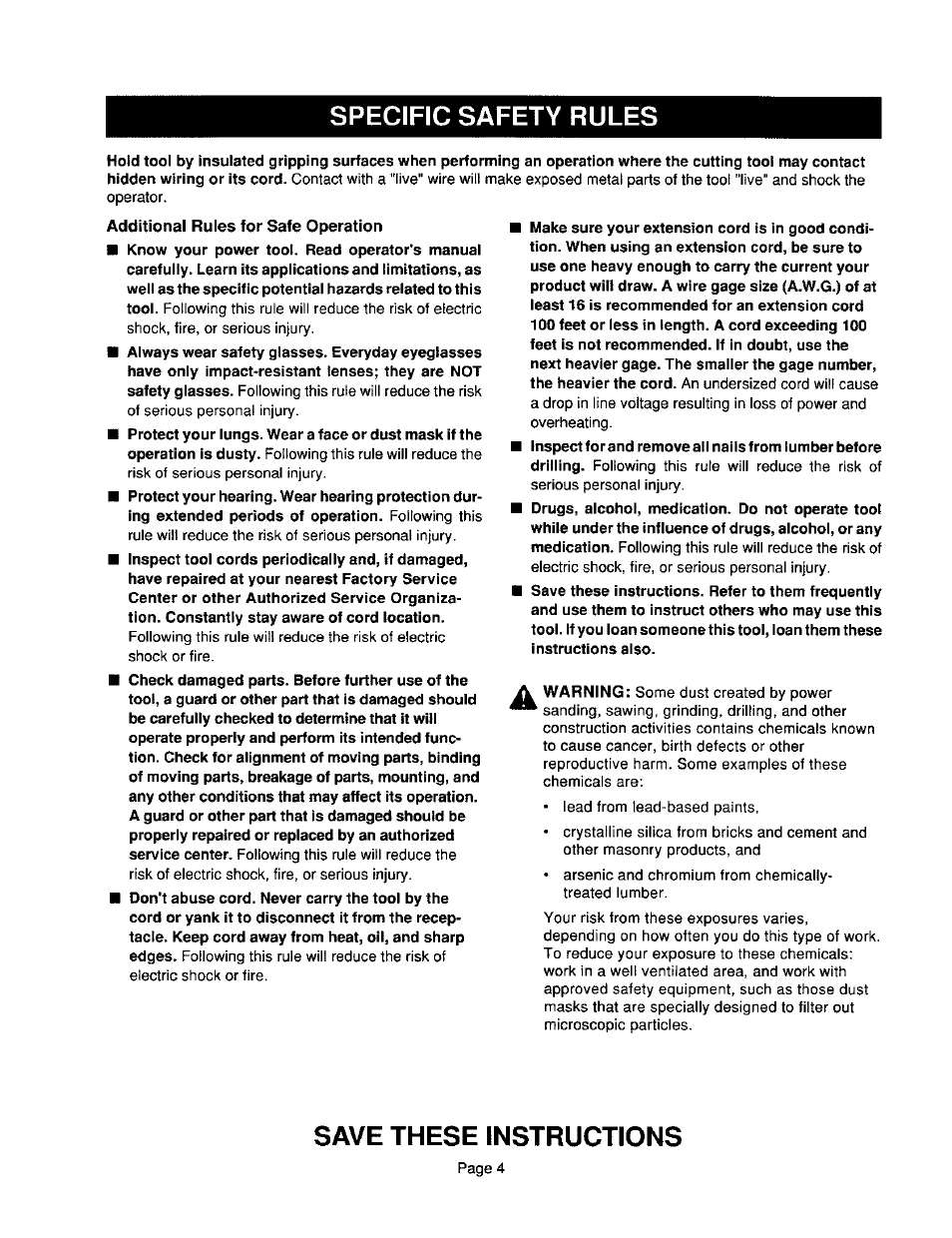 Specific safety rules, Save these instructions | Craftsman 315.101360 User Manual | Page 4 / 15