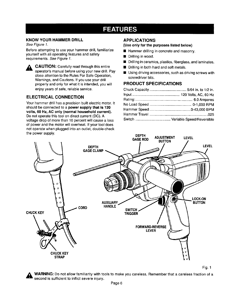 Features, Electrical connection, Applications | Product specifications, Iv caution | Craftsman 315.101360 User Manual | Page 6 / 15