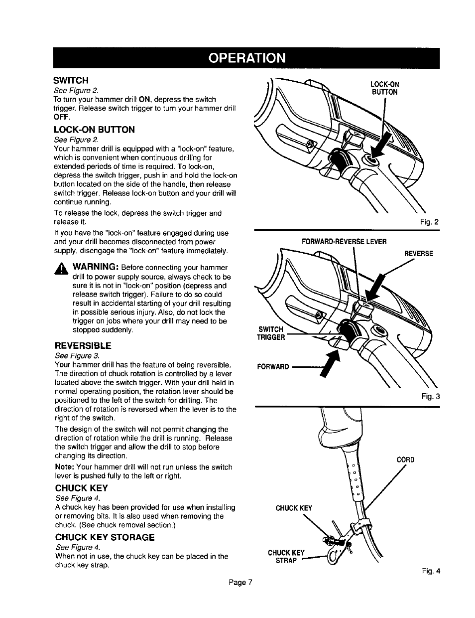 Switch, Lock-on button, Reversible | Chuck key, Chuck key storage, Operation | Craftsman 315.101360 User Manual | Page 7 / 15
