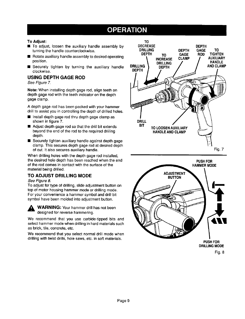 Using depth gage rod, To adjust drilling mode, Operation | Craftsman 315.101360 User Manual | Page 9 / 15
