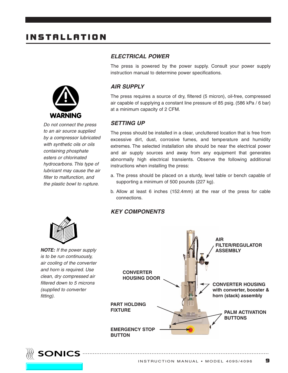 Installation, Electrical power, Air supply | Setting up, Key components, Electrical power air supply, Setting up key components | Sonics 4096 Actuator User Manual | Page 10 / 25