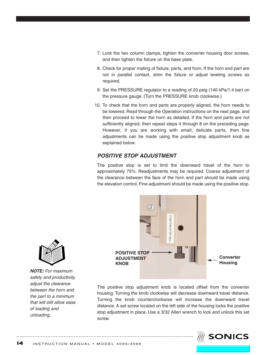 Positive stop adjustment | Sonics 4096 Actuator User Manual | Page 15 / 25