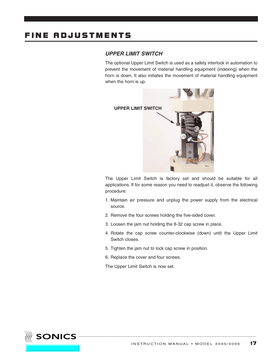 Upper limit switch | Sonics 4096 Actuator User Manual | Page 18 / 25