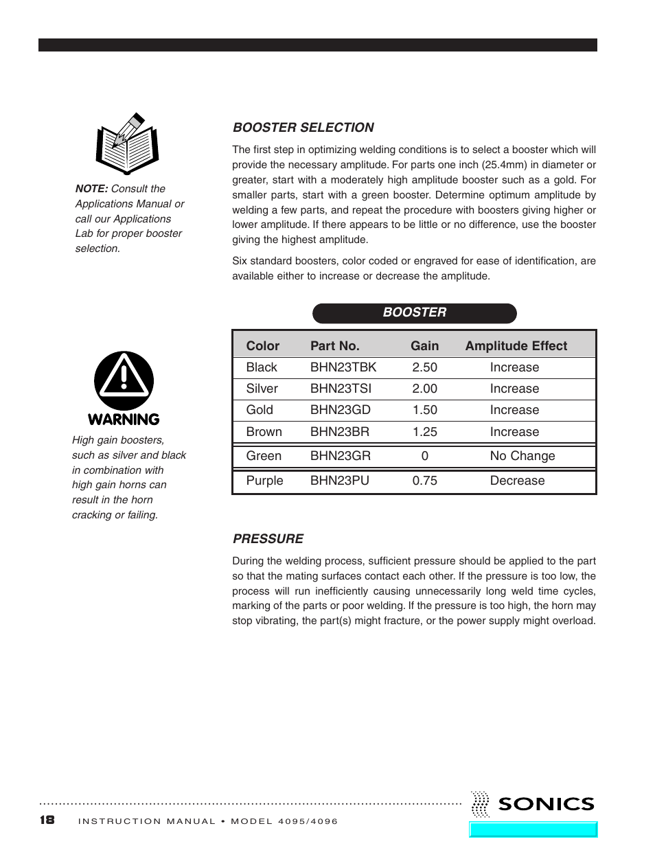 Booster selection, Pressure | Sonics 4096 Actuator User Manual | Page 19 / 25