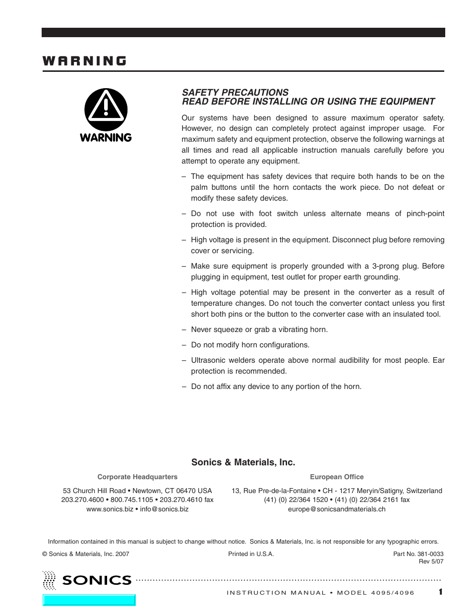 Safety precautions | Sonics 4096 Actuator User Manual | Page 2 / 25