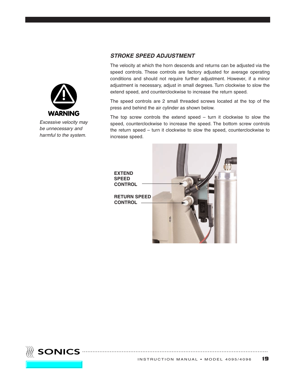 Stroke speed adjustment | Sonics 4096 Actuator User Manual | Page 20 / 25