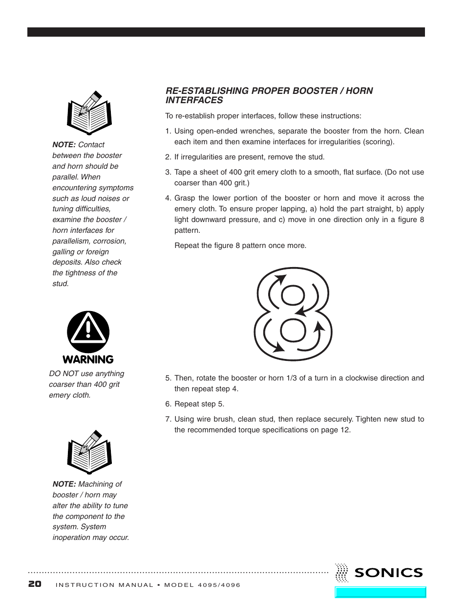 Re-establishing proper booster / horn interfaces, Re-establishing proper booster/horn interfaces | Sonics 4096 Actuator User Manual | Page 21 / 25