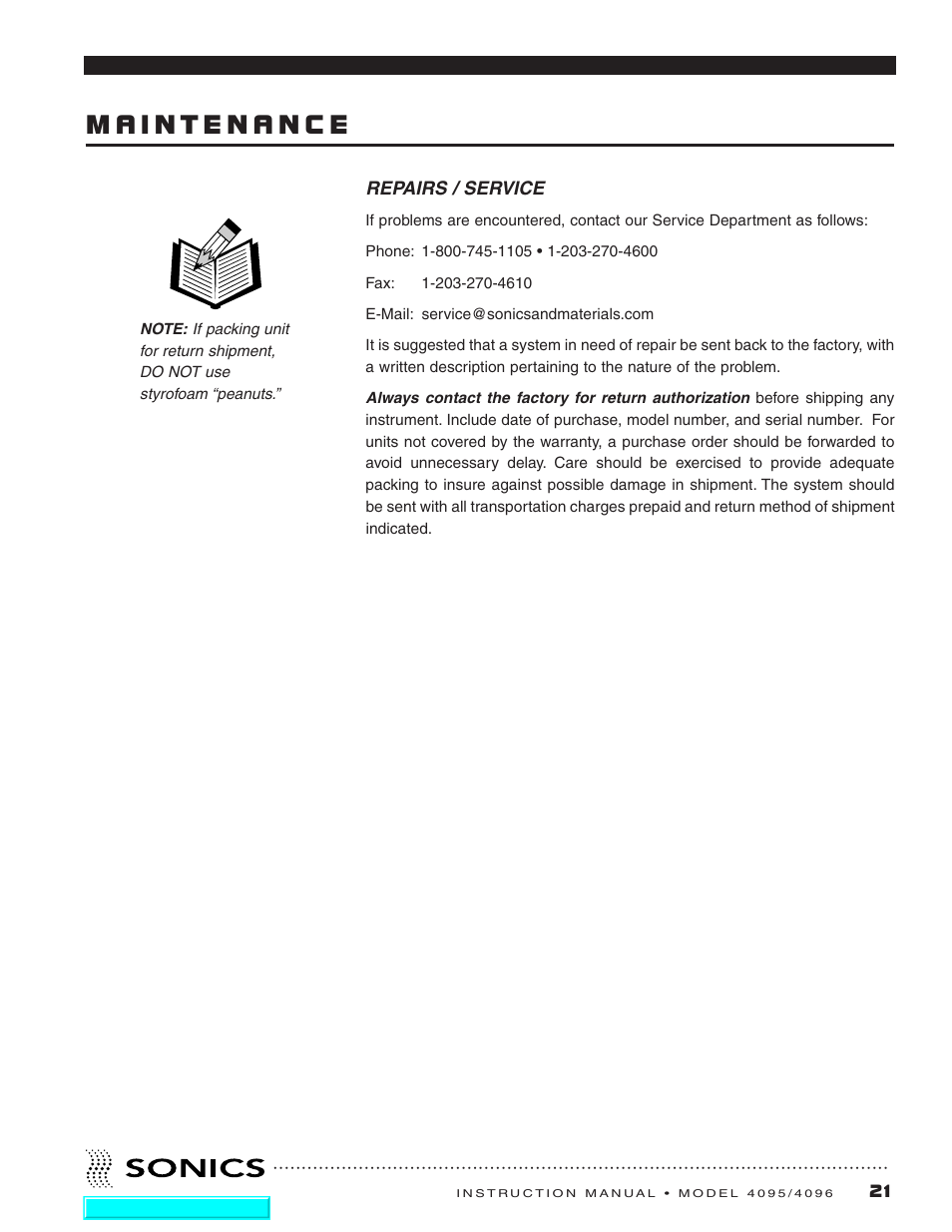 Maintenance, Repairs / service | Sonics 4096 Actuator User Manual | Page 22 / 25