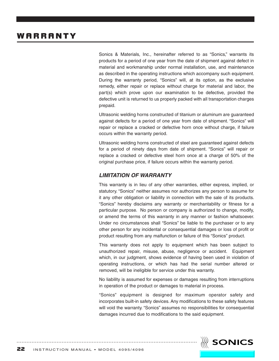 Warranty, Limitation of warranty | Sonics 4096 Actuator User Manual | Page 23 / 25