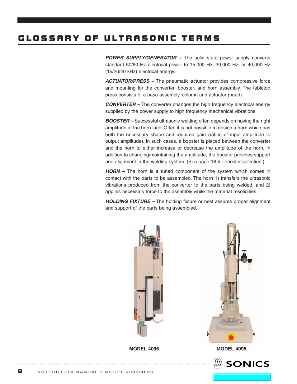 Glossary of ultrasonic terms | Sonics 4096 Actuator User Manual | Page 9 / 25