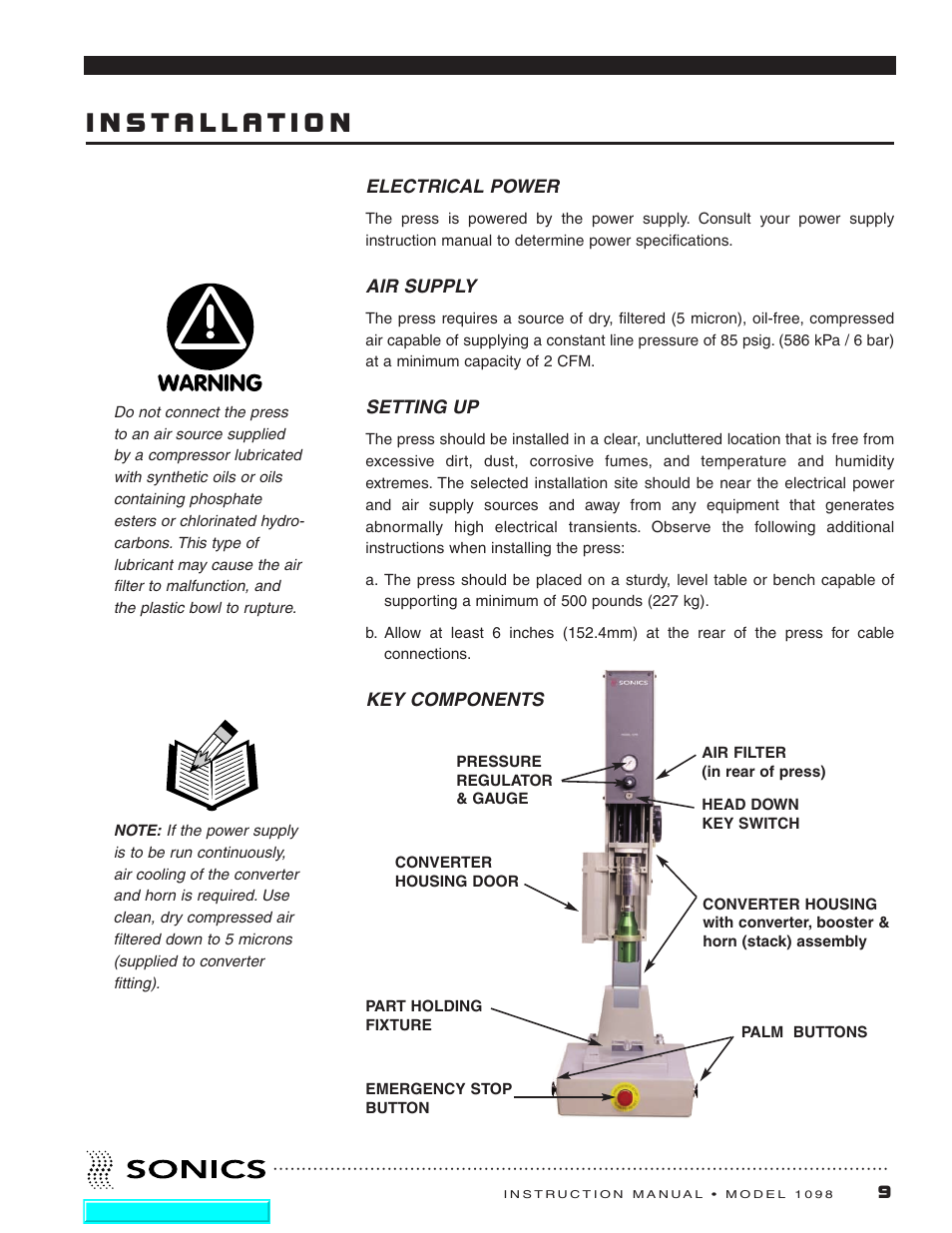 Installation | Sonics 1098 Press User Manual | Page 10 / 27