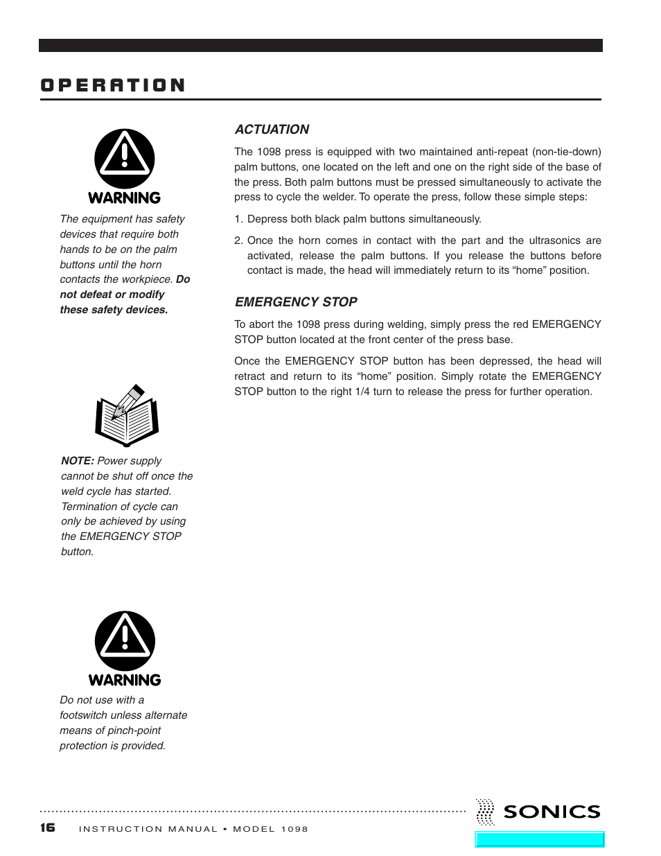 Operation | Sonics 1098 Press User Manual | Page 17 / 27