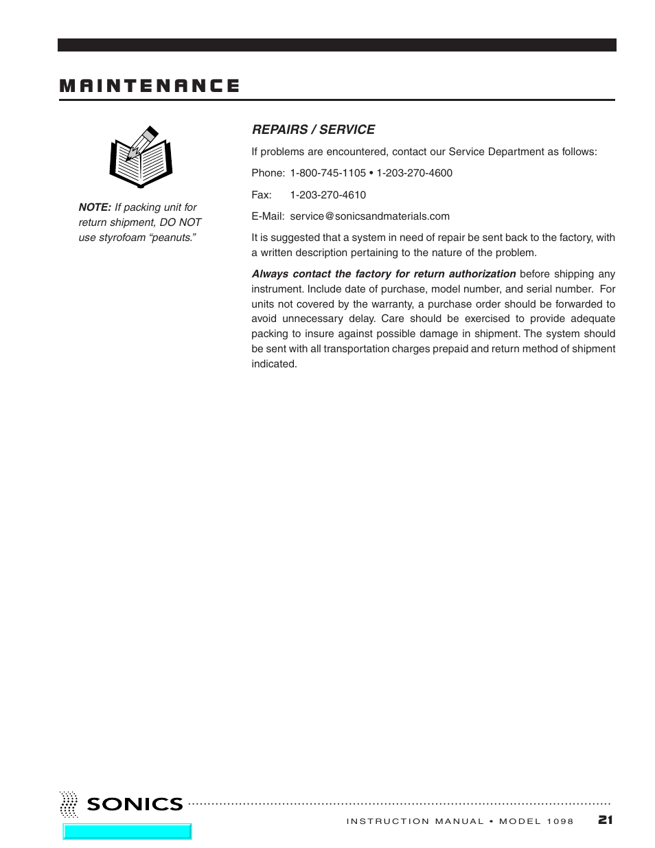 Maintenance | Sonics 1098 Press User Manual | Page 22 / 27