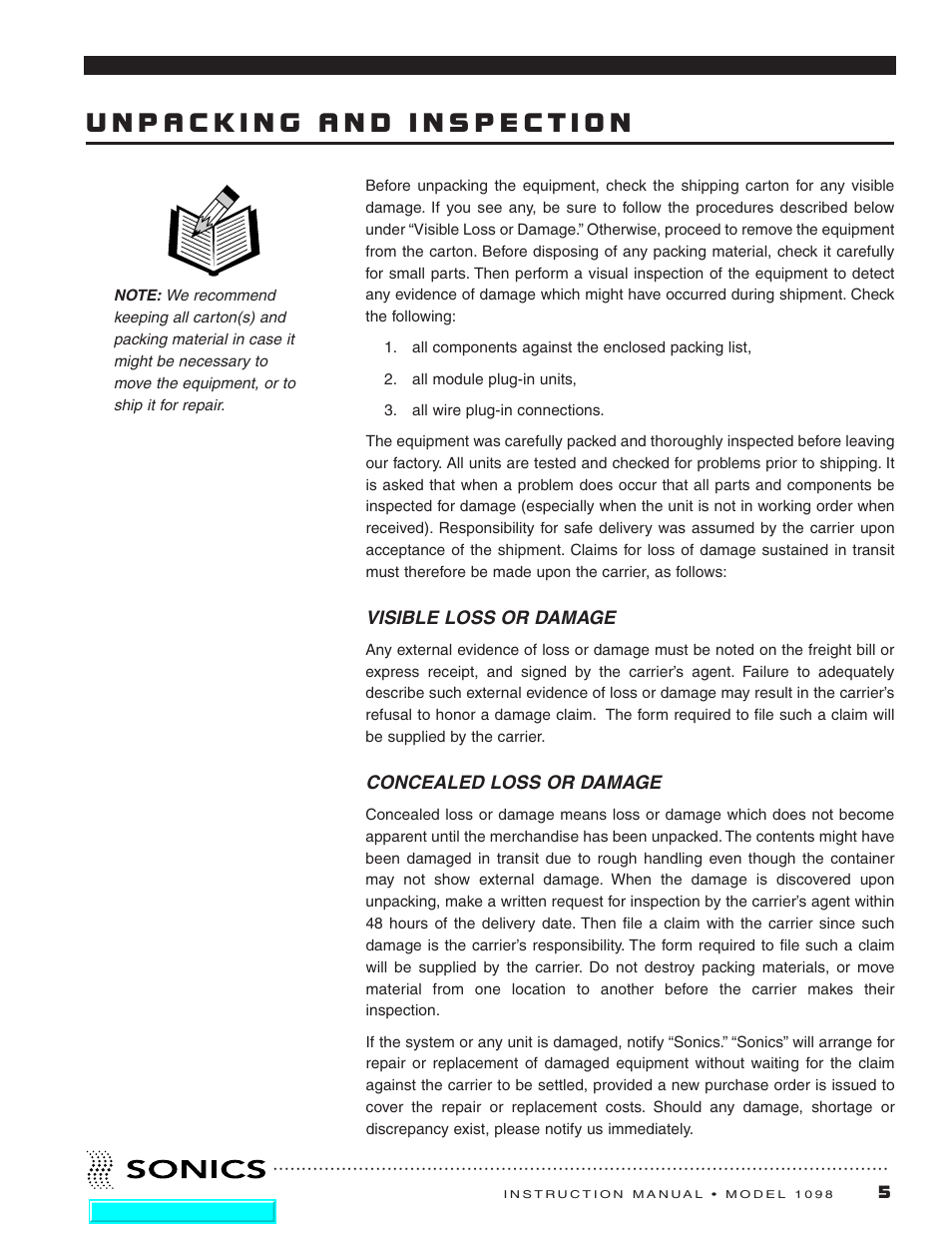 Unpacking and inspection | Sonics 1098 Press User Manual | Page 6 / 27