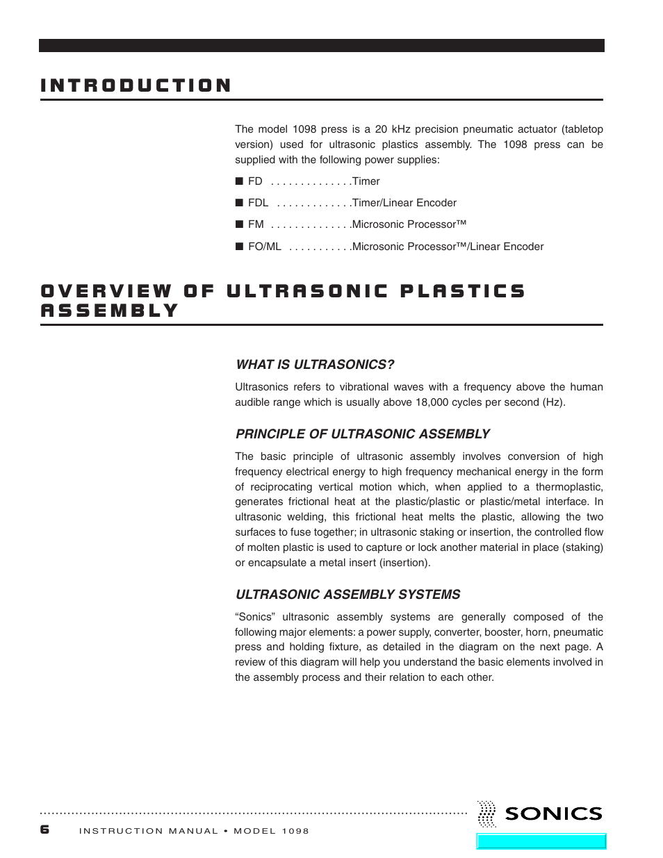 Introduction, Overview of ultrasonic plastics assembly | Sonics 1098 Press User Manual | Page 7 / 27