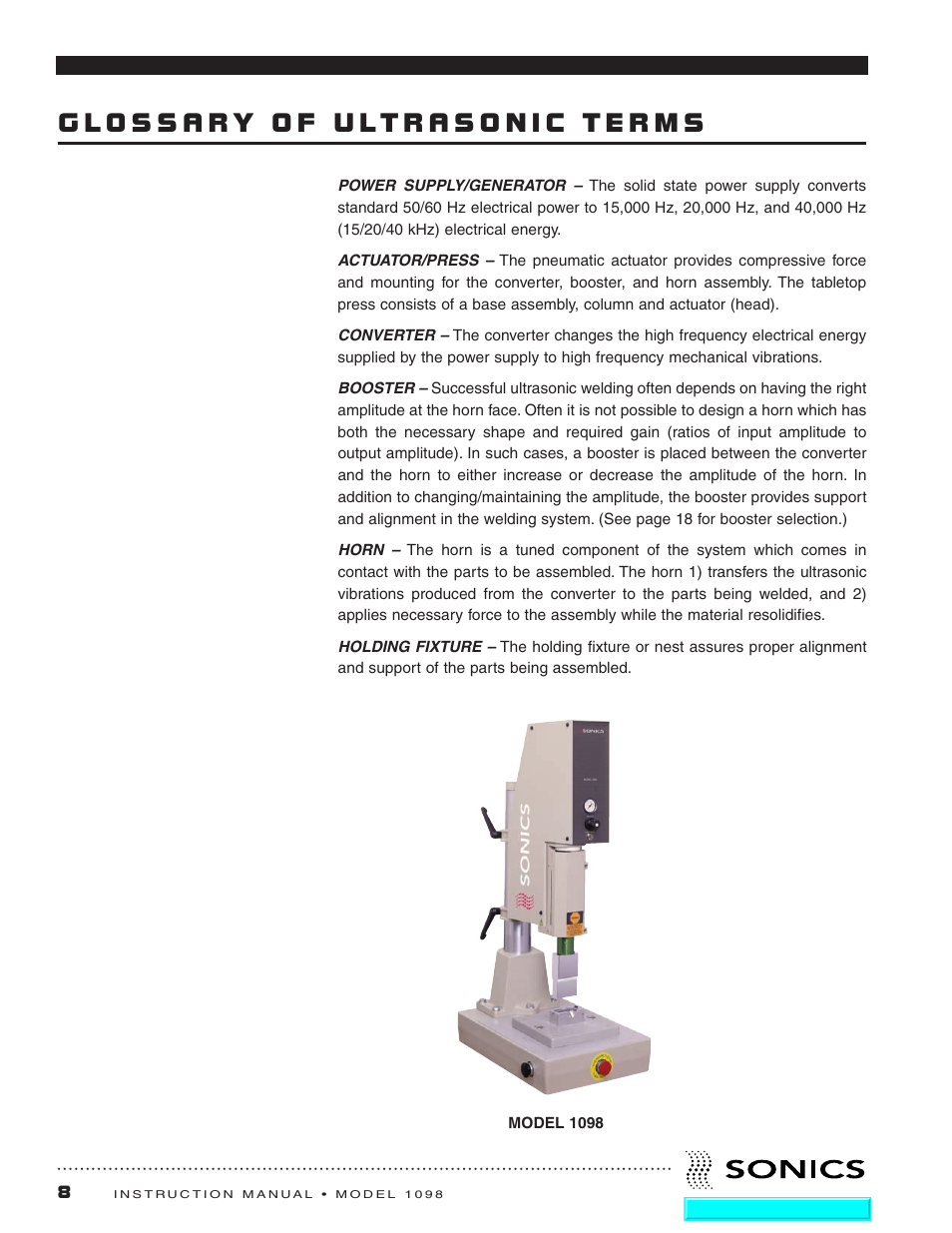 Glossary of ultrasonic terms | Sonics 1098 Press User Manual | Page 9 / 27