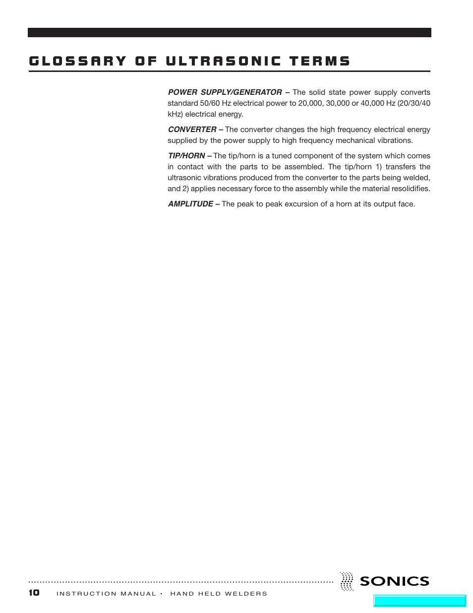 Glossary of ultrasonic terms | Sonics H540 E User Manual | Page 11 / 39