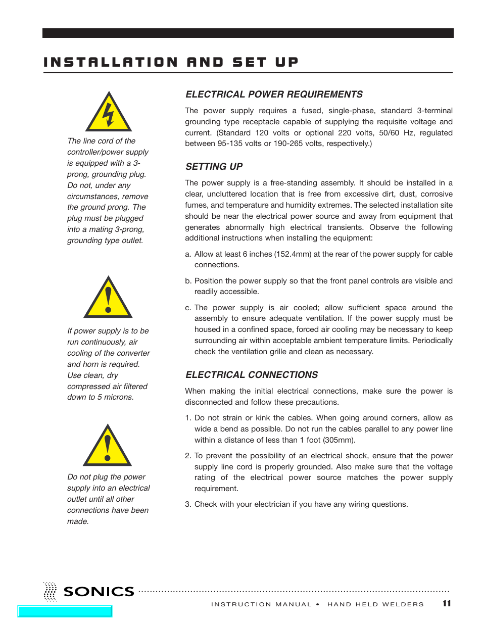 Installation and set up, Electrical power requirements, Setting up | Electrical connections | Sonics H540 E User Manual | Page 12 / 39