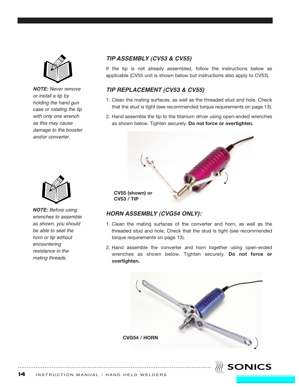 Tip assembly (cv53/55), Tip replacement (cv53/55), Horn assembly (cvg54 only) | Sonics H540 E User Manual | Page 15 / 39