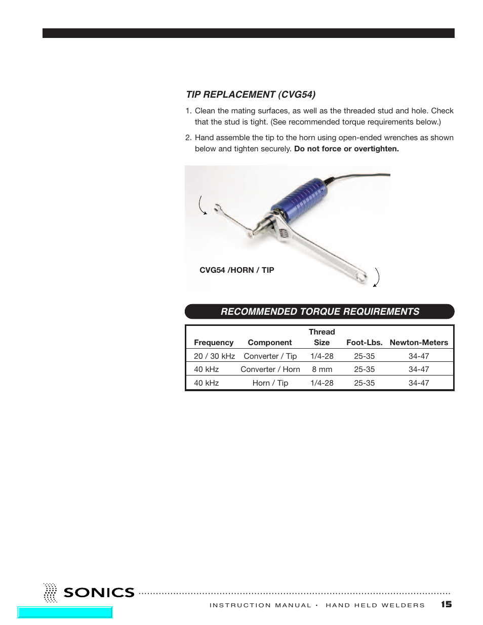 Tip replacement (cvg54) | Sonics H540 E User Manual | Page 16 / 39