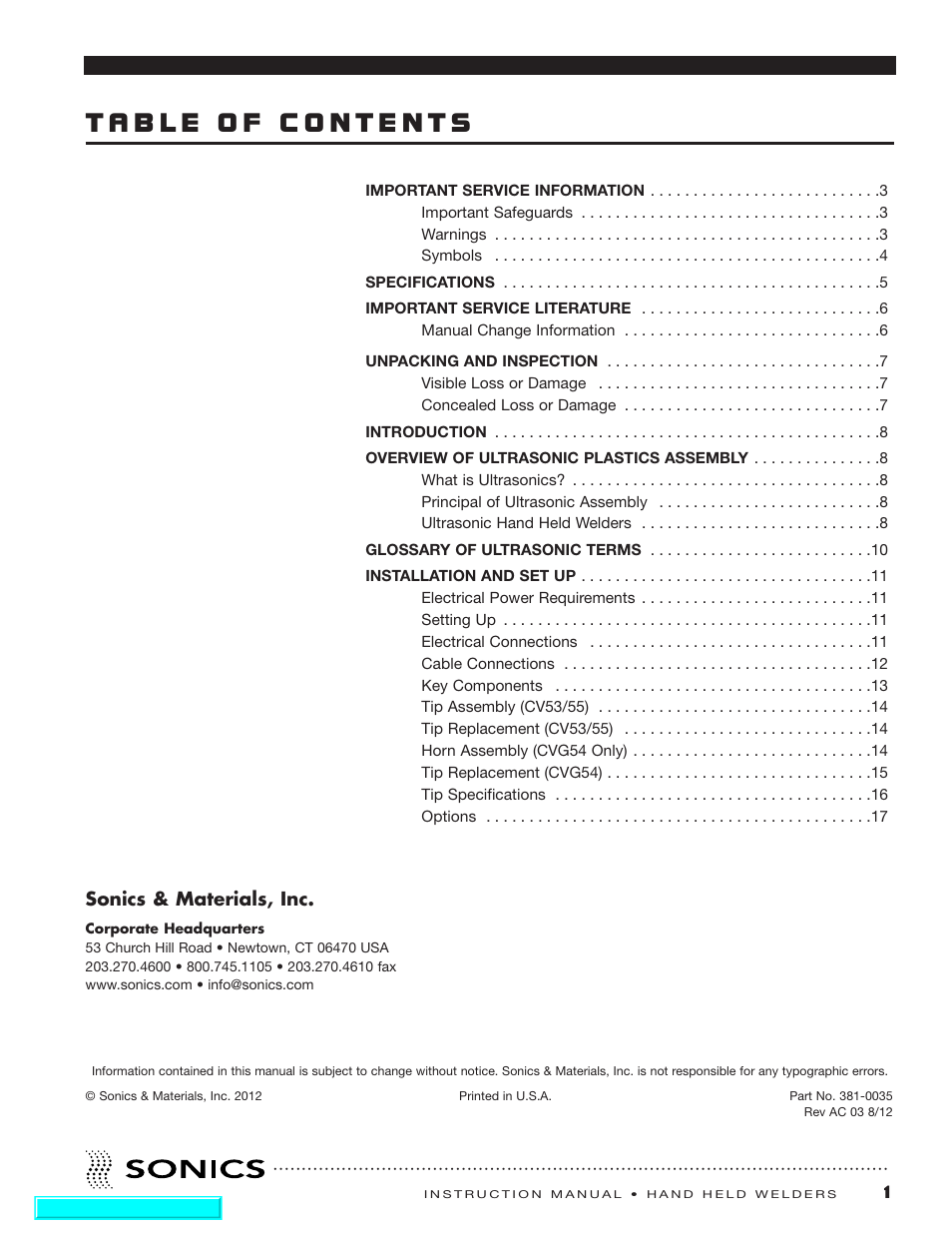 Sonics H540 E User Manual | Page 2 / 39