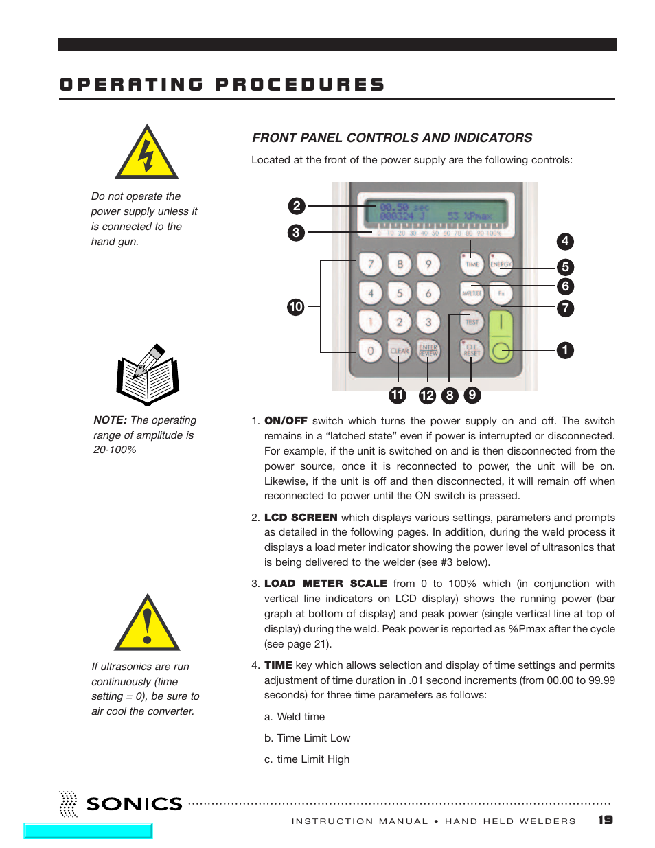 Operating procedures, Front panel controls and indicators | Sonics H540 E User Manual | Page 20 / 39