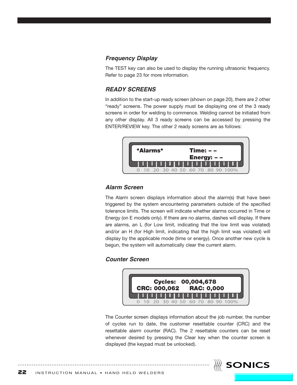 Ready screens | Sonics H540 E User Manual | Page 23 / 39