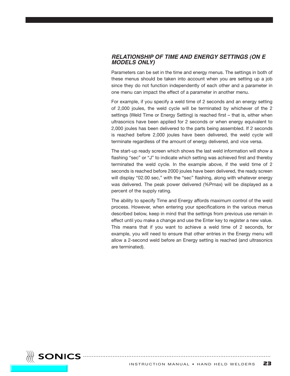 Relationship of time and energy settings | Sonics H540 E User Manual | Page 24 / 39