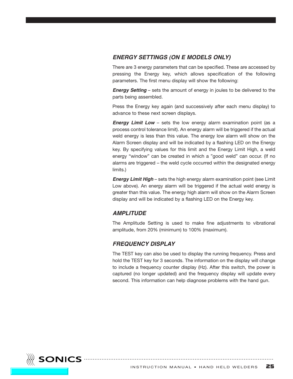 Energy settings, Amplitude, Frequency display | Sonics H540 E User Manual | Page 26 / 39