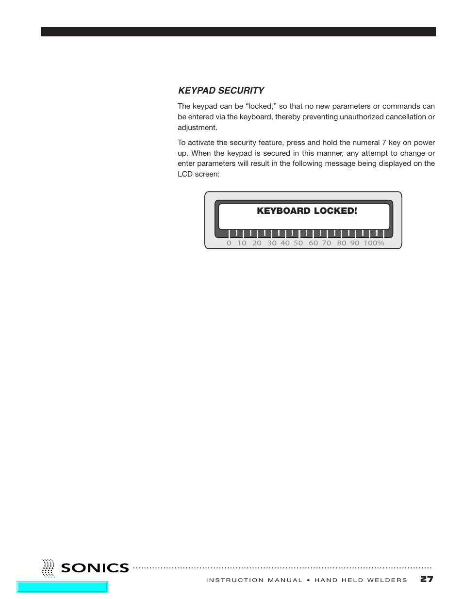 Keypad security, 27 keypad security, Keyboard locked | Sonics H540 E User Manual | Page 28 / 39