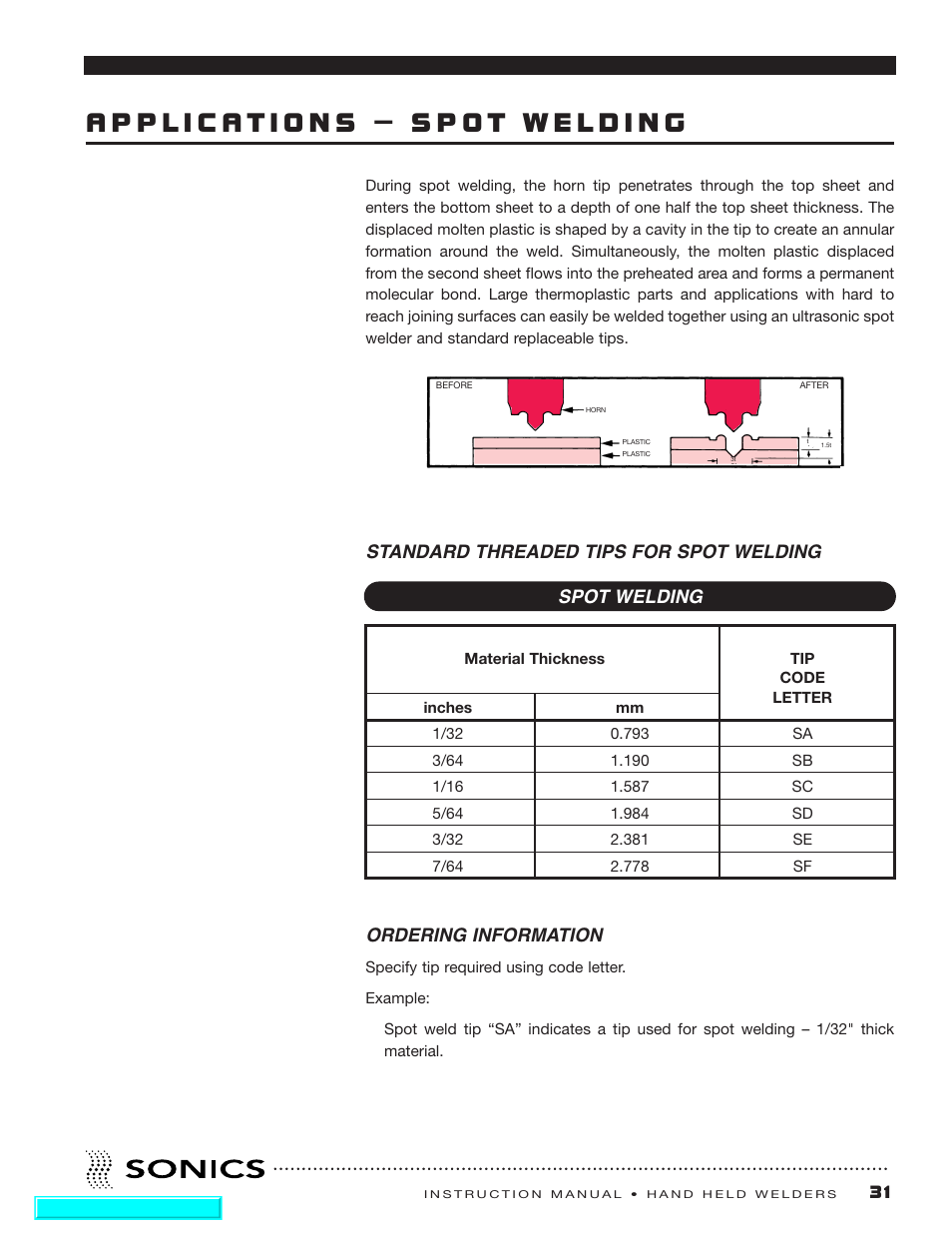 Applications – spot welding, Ordering information, Spot welding | Sonics H540 E User Manual | Page 32 / 39