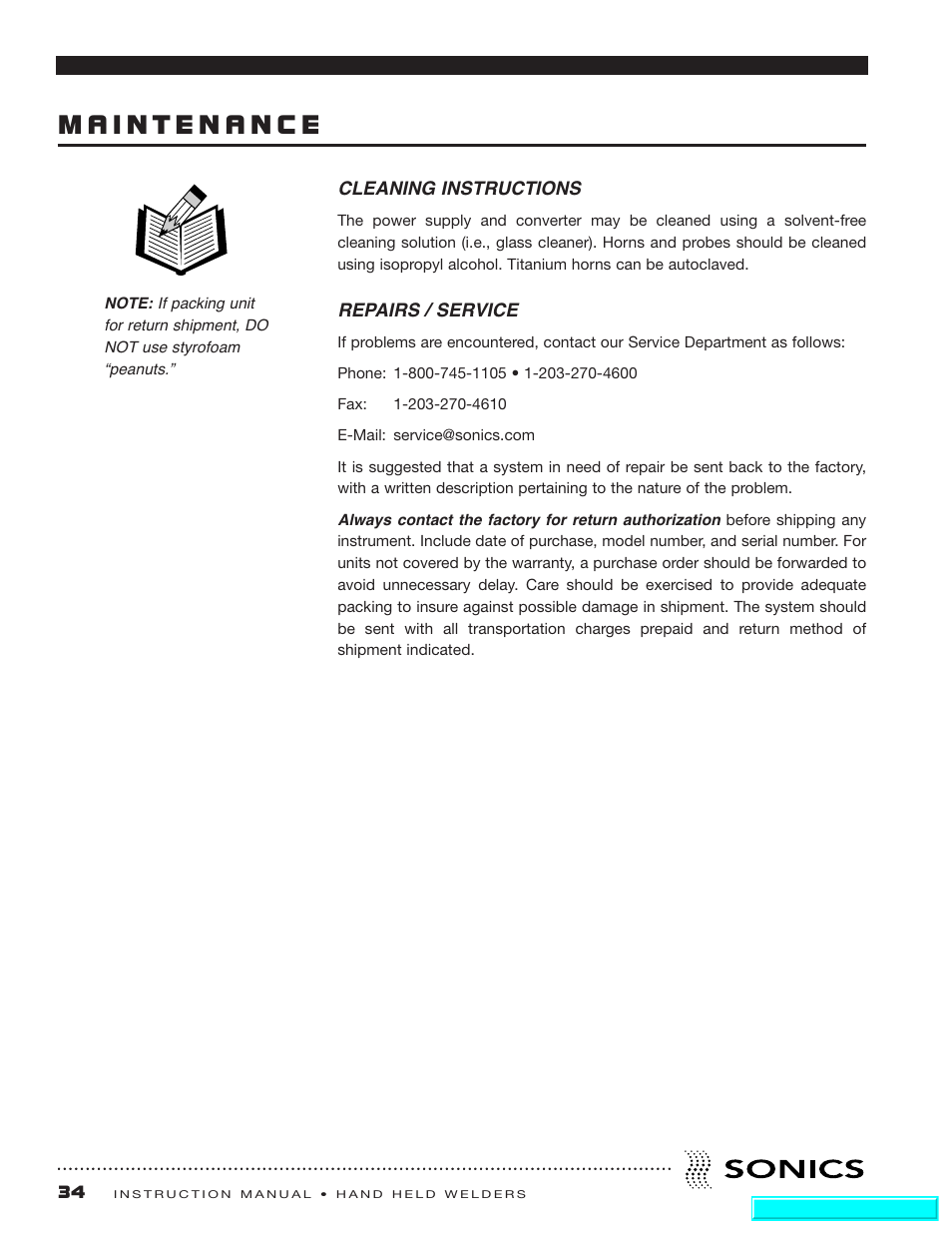 Maintenance, Cleaning instructions, Repairs / service | Sonics H540 E User Manual | Page 35 / 39