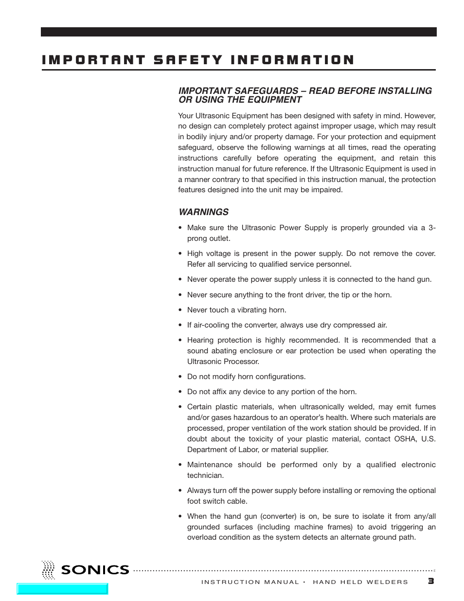 Important service information, Important safeguards, Warnings | Sonics H540 E User Manual | Page 4 / 39