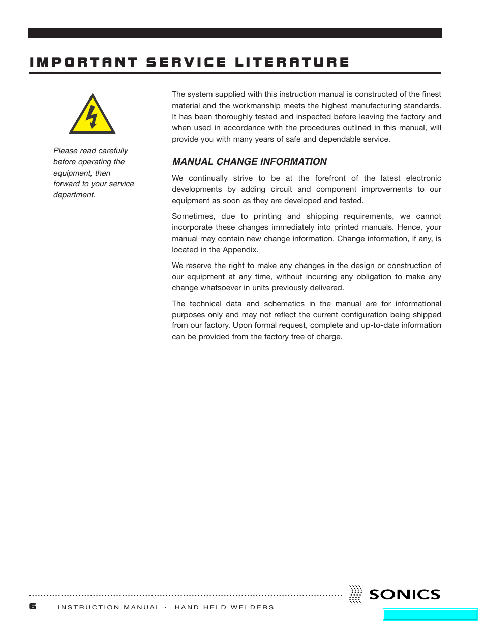 Important service literature, Manual change information | Sonics H540 E User Manual | Page 7 / 39