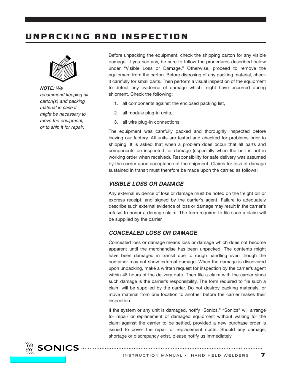 Unpacking and inspection, Visible loss or damage, Concealed loss or damage | Sonics H540 E User Manual | Page 8 / 39