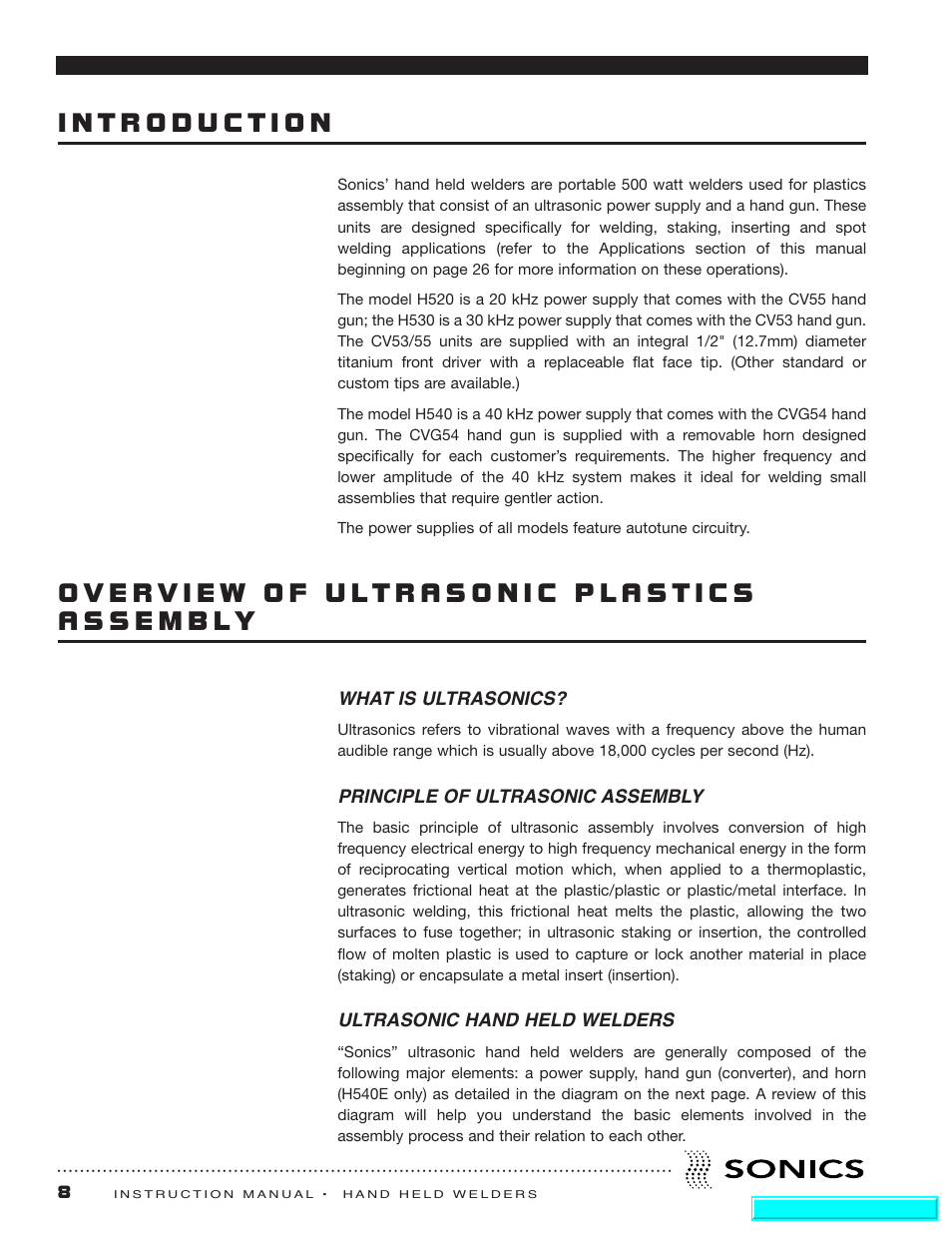 Introduction, Overview of ultrasonic plastics assembly, What is ultrasonics | Principal of ultrasonic assembly, Ultrasonic hand held welders | Sonics H540 E User Manual | Page 9 / 39