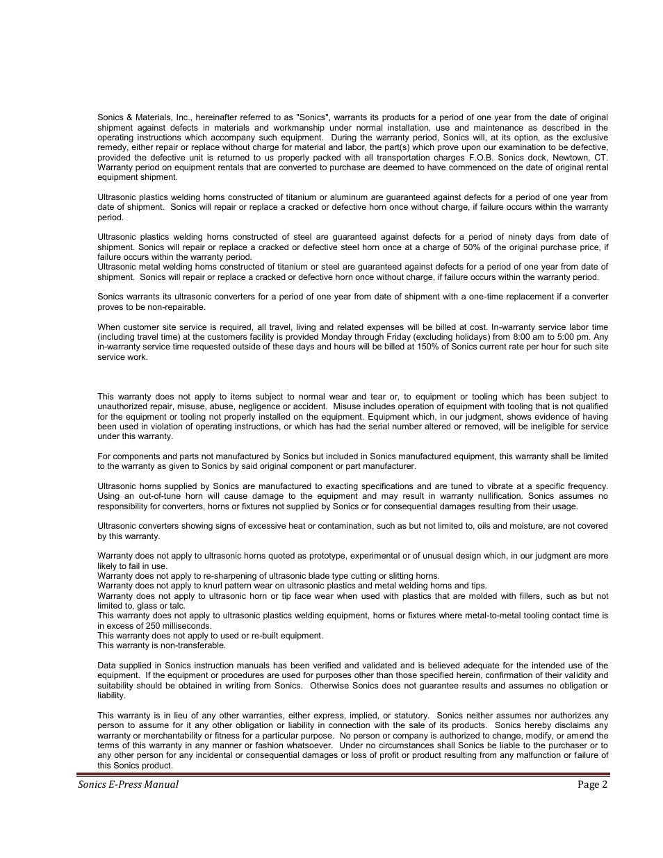 Warranty | Sonics E-Press User Manual | Page 2 / 46