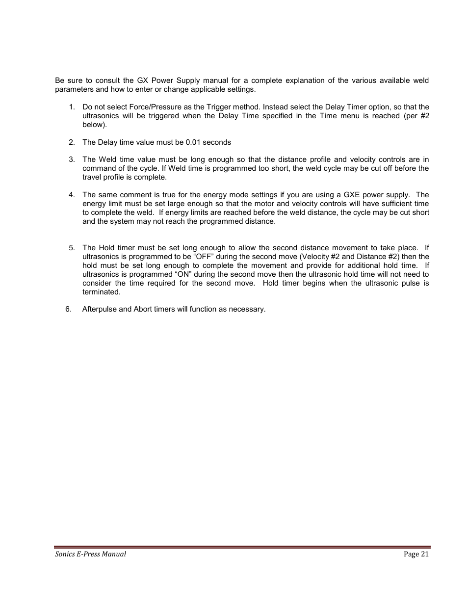 0 gx power supply settings | Sonics E-Press User Manual | Page 21 / 46