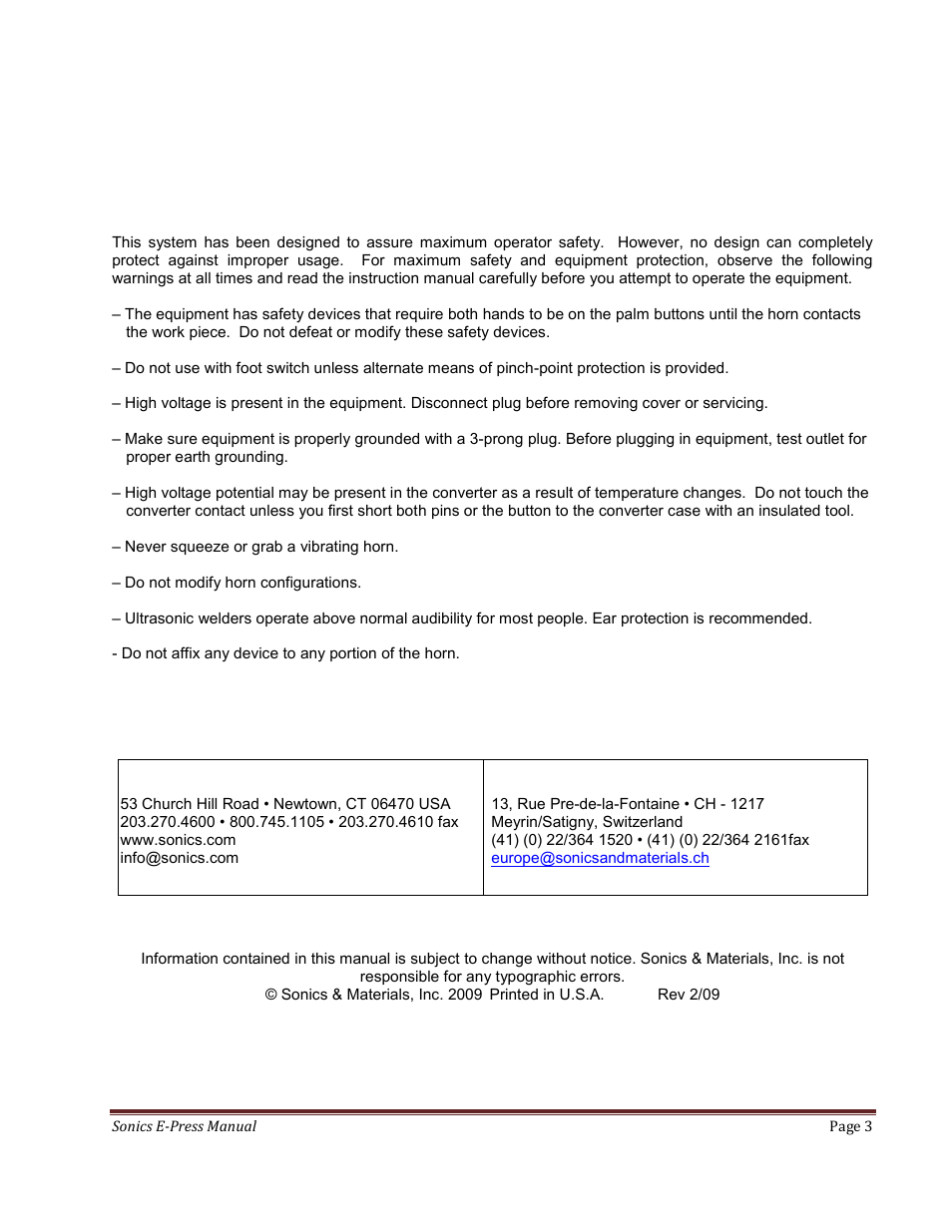 Sonics E-Press User Manual | Page 3 / 46