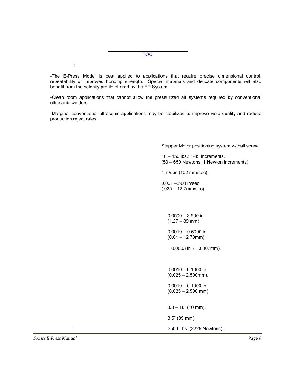 0 system specifications | Sonics E-Press User Manual | Page 9 / 46