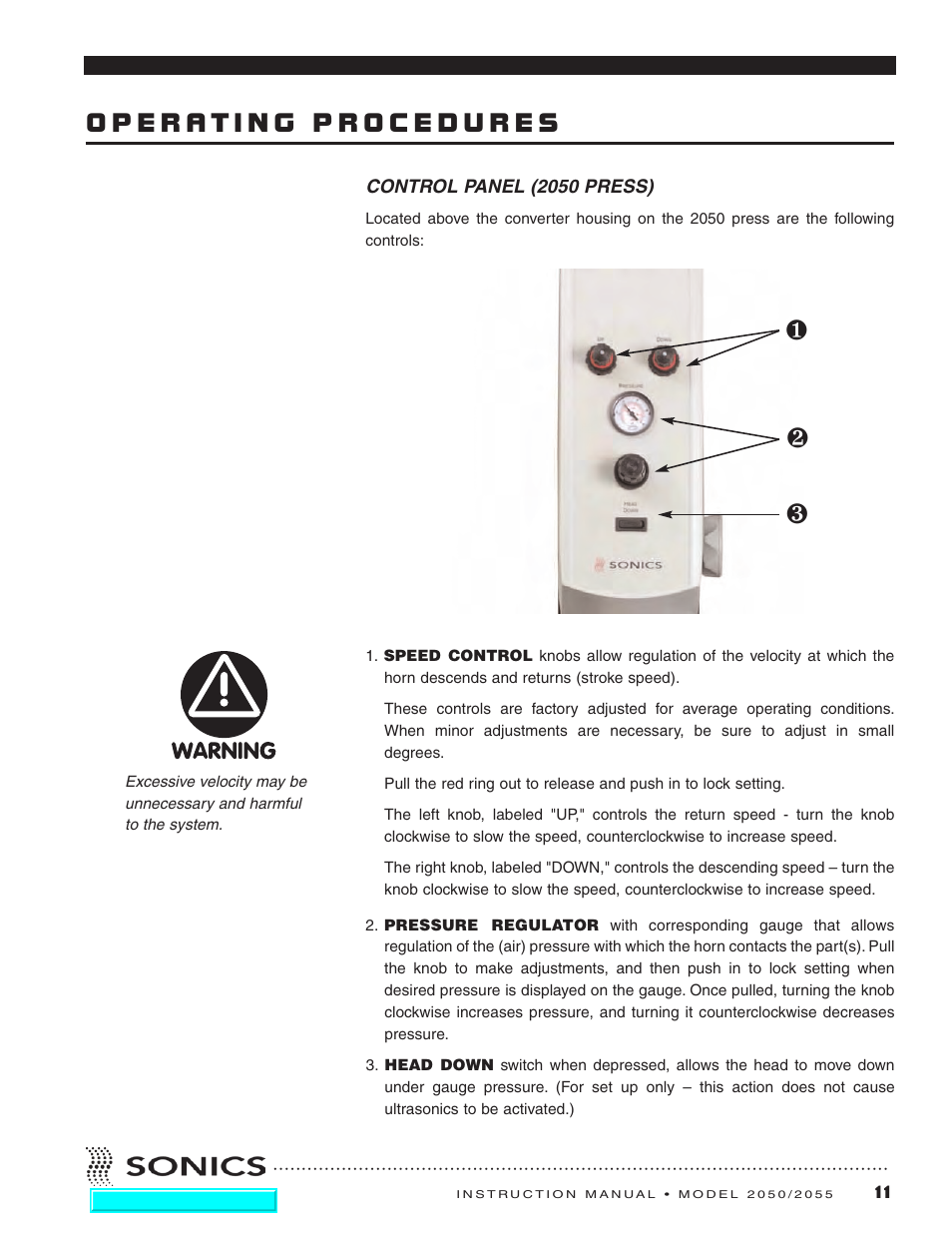 Operating procedures, Control panel (2050 press) | Sonics 2055-Press User Manual | Page 12 / 36