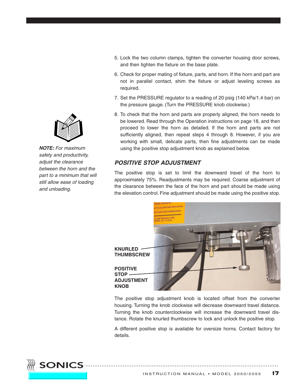 Positive stop adjustment | Sonics 2055-Press User Manual | Page 18 / 36