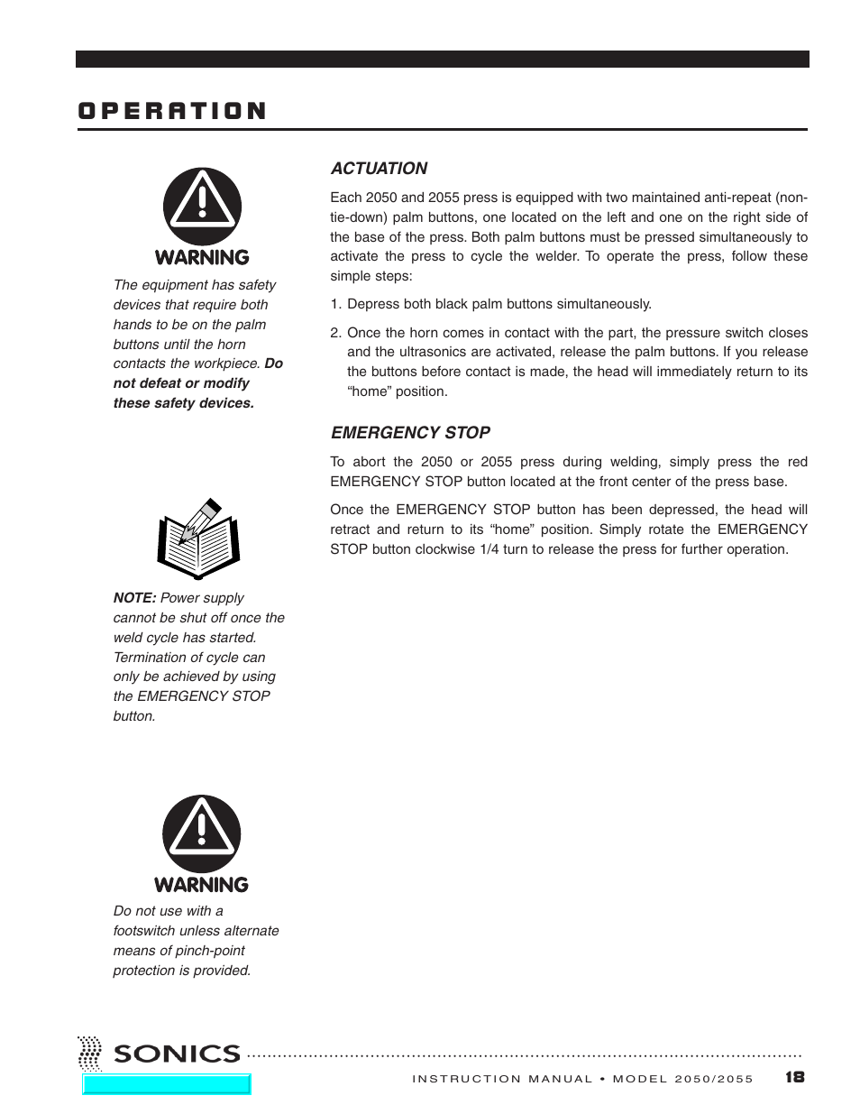 Operation, Actuation, Emergency stop | Actuation emergency stop | Sonics 2055-Press User Manual | Page 19 / 36