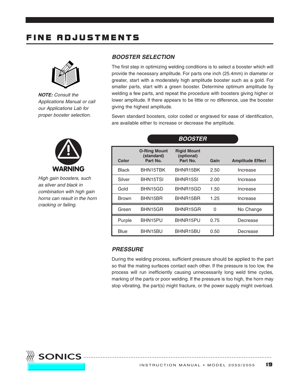 Fine adjustments, Booster selection, Pressure | Booster selection pressure | Sonics 2055-Press User Manual | Page 20 / 36