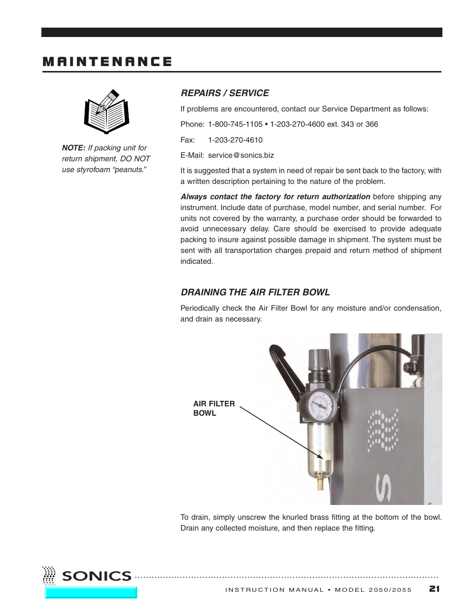 Maintenance, Repairs / service, Draining air filter bowl | Repairs / service draining air filter bowl | Sonics 2055-Press User Manual | Page 22 / 36
