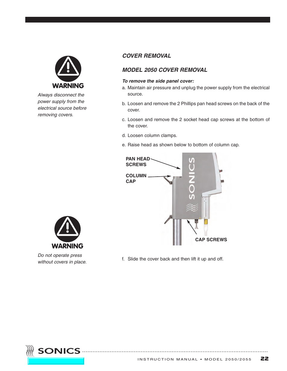 Cover removal | Sonics 2055-Press User Manual | Page 23 / 36