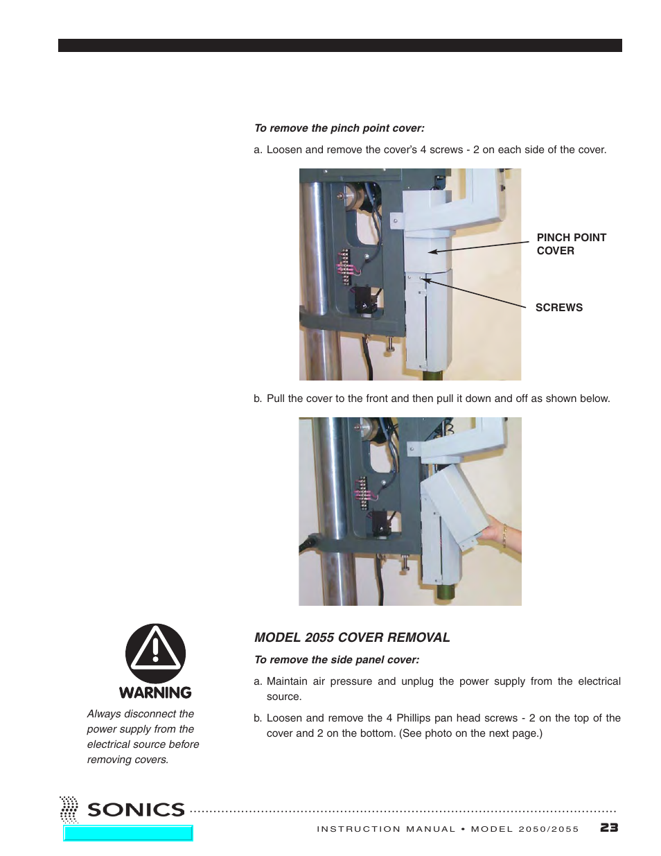 Model 2055 cover removal | Sonics 2055-Press User Manual | Page 24 / 36