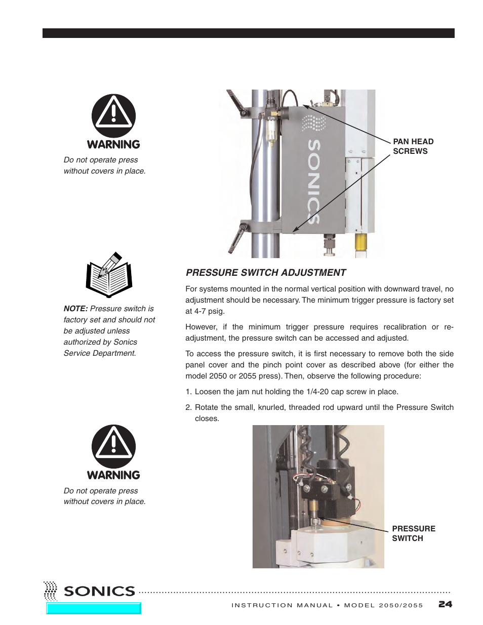 Pressure switch adjustment | Sonics 2055-Press User Manual | Page 25 / 36